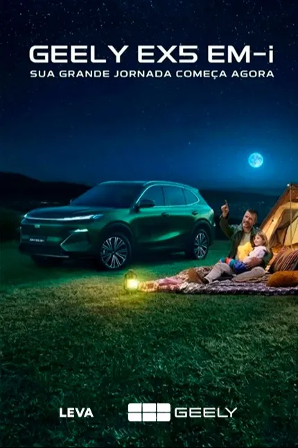 “Fachada moderna da nova unidade da concessionária Dealer Geely ao entardecer, com reflexo do pôr do sol nas amplas janelas espelhadas. Em destaque, o texto ‘Conheça nossa unidade – A Dealer Geely chegou’, acompanhado do logotipo da Geely Dealer no canto inferior direito.