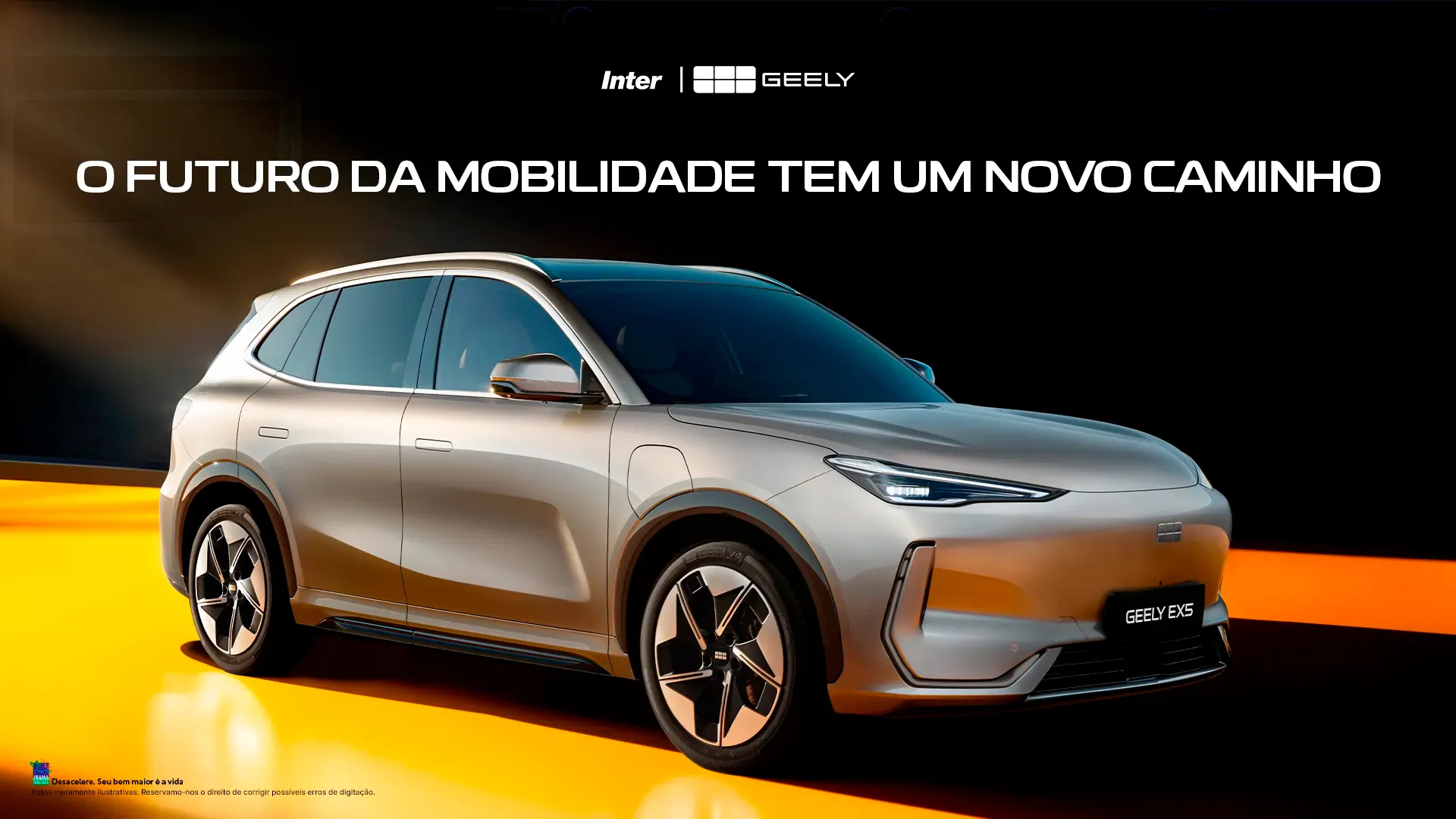 Itavema Geely: o futuro da mobilidade tem um novo caminho, com o Geely EX5 prata em fundo preto e laranja