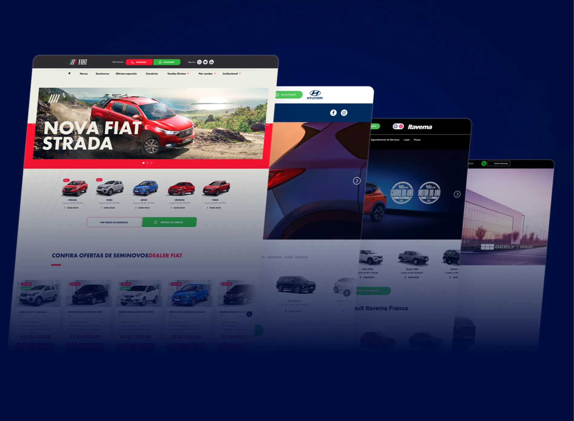 Mockup de websites automotivos em exibição tridimensional, com destaque para uma concessionária Fiat apresentando a Nova Fiat Strada. Ao fundo, outros sites de marcas como Hyundai, Itavema e Geely também aparecem, reforçando o foco em design moderno e experiência digital no setor automotivo.