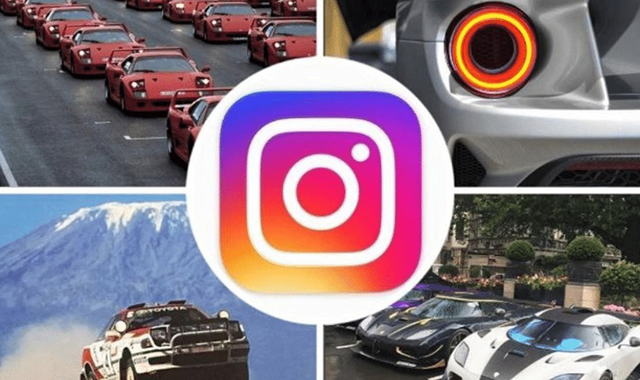 Mãos segurando smartphone com feeds de perfis de carros