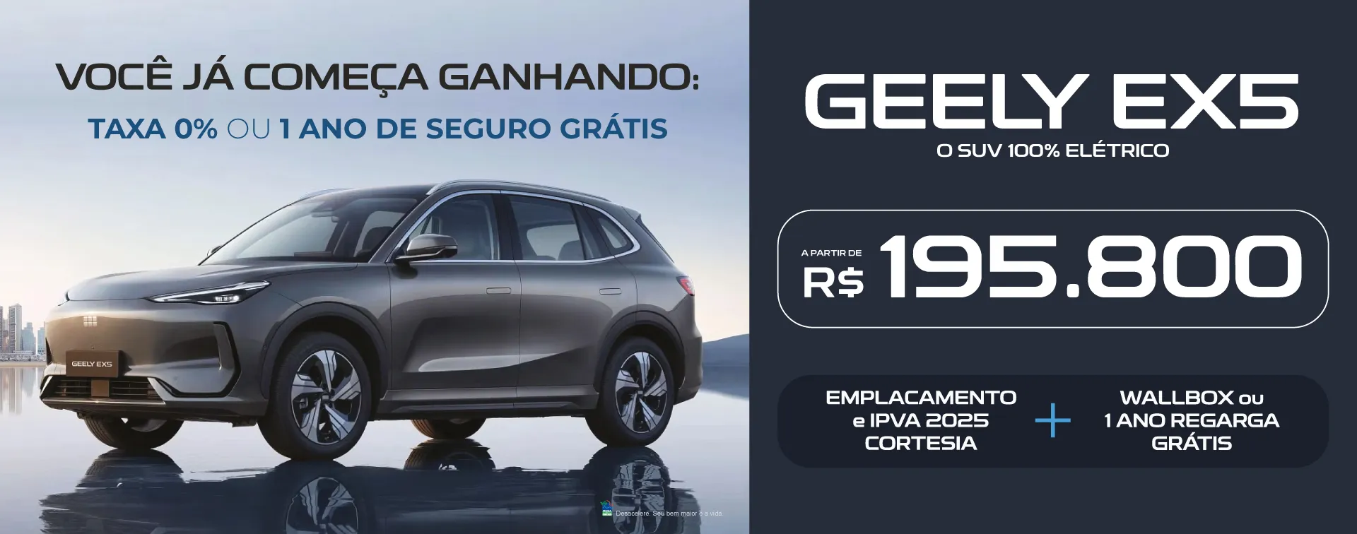 “Fachada moderna da nova unidade da concessionária Dealer Geely ao entardecer, com reflexo do pôr do sol nas amplas janelas espelhadas. Em destaque, o texto ‘Conheça nossa unidade – A Dealer Geely chegou’, acompanhado do logotipo da Geely Dealer no canto inferior direito.
