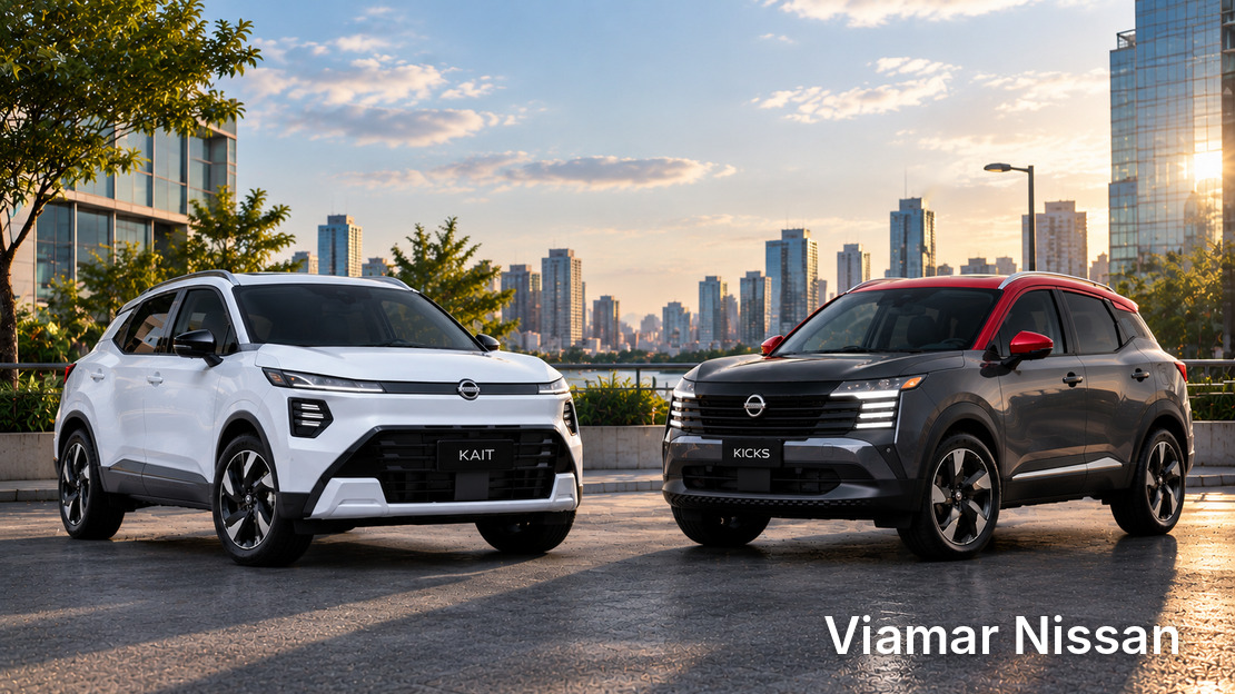 SUVs Nissan Kait e Kicks em comparação no pátio da concessionária
