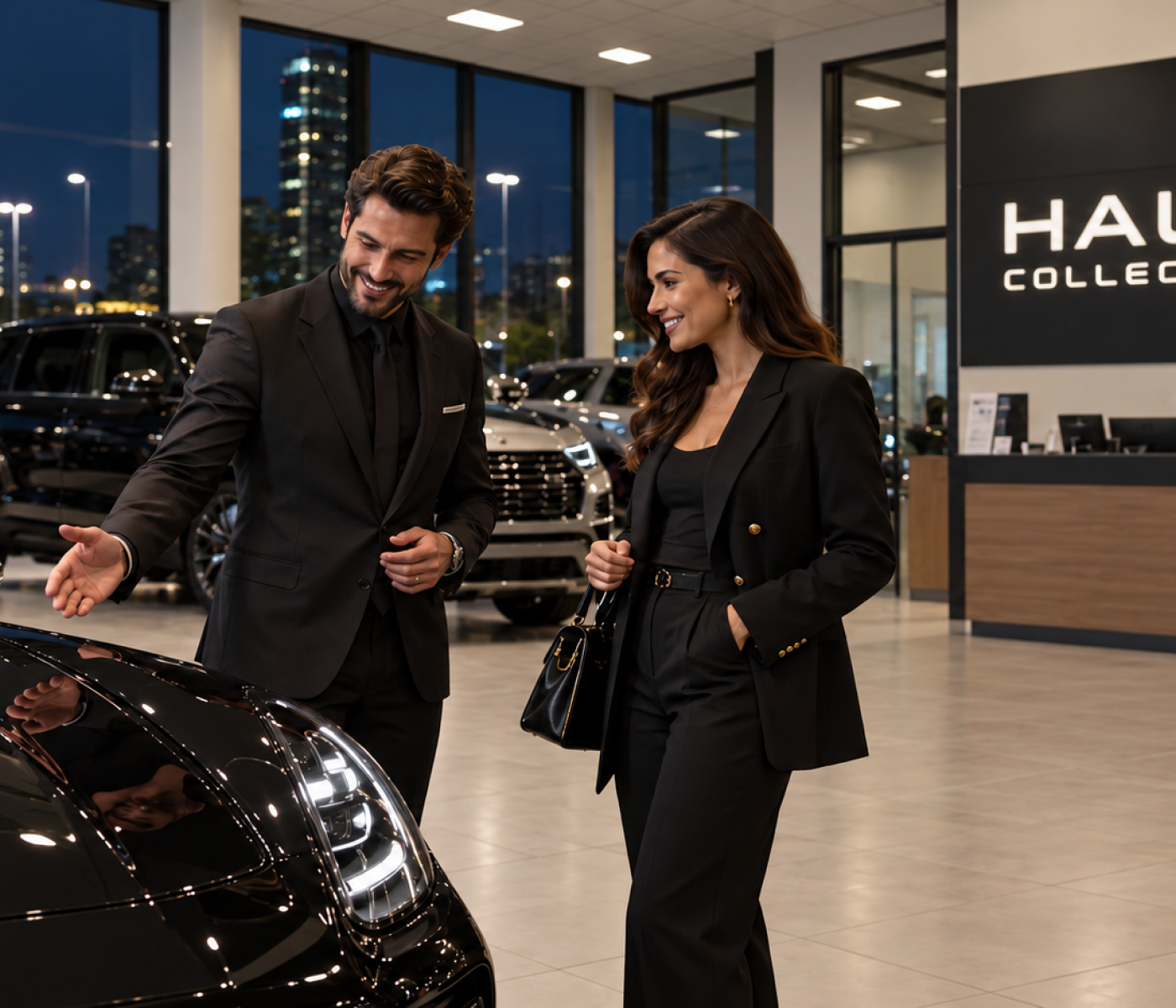 Consultor apresentando um carro a uma cliente no salão da Haus Collection