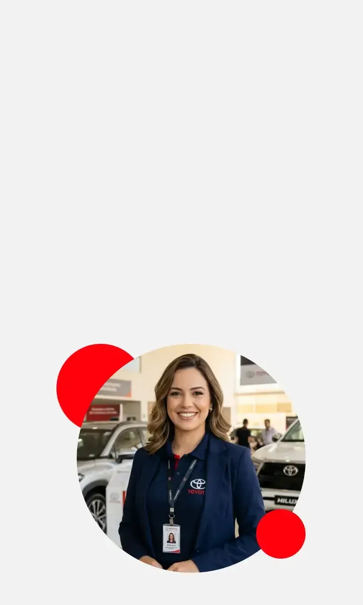 Mulher com uniforme Toyota e círculos vermelhos ao redor