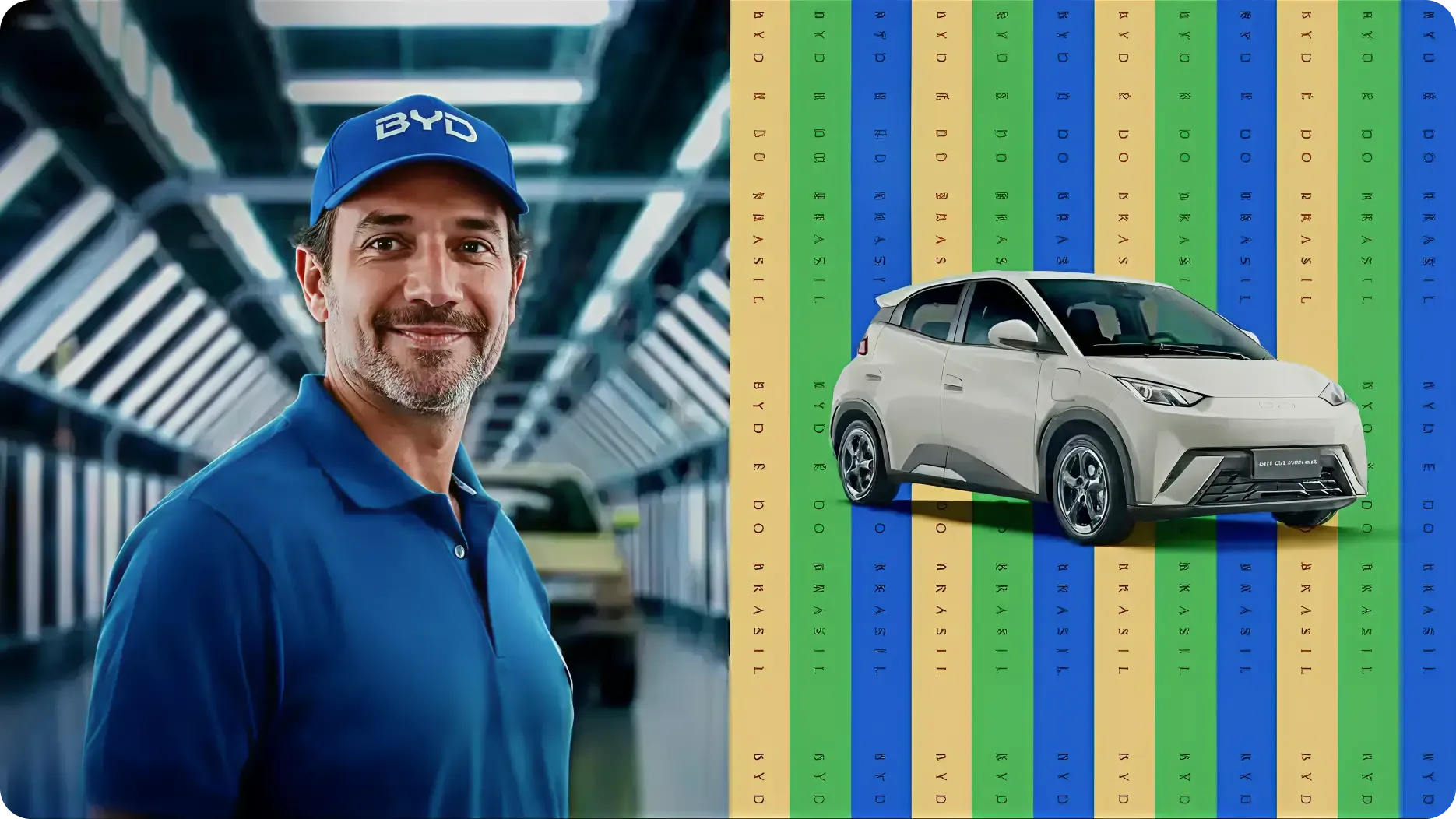 Homem com uniforme BYD e BYD Dolphin ao lado.