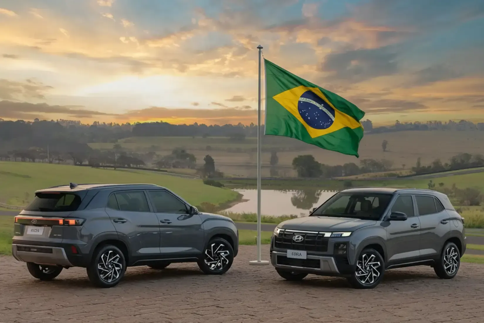 Dois carros Hyundai ao lado da bandeira do Brasil