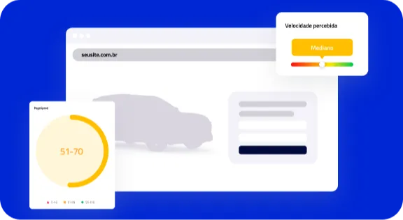 Gráfico comparativo entre o site atual, concorrentes e um site com AutoForce. A tabela mostra métricas como visitas mensais e desempenho de PageSpeed, onde o site com AutoForce atinge 90% de performance, com nota entre 90 e 100, indicando velocidade excelente e superioridade técnica em relação aos demais.