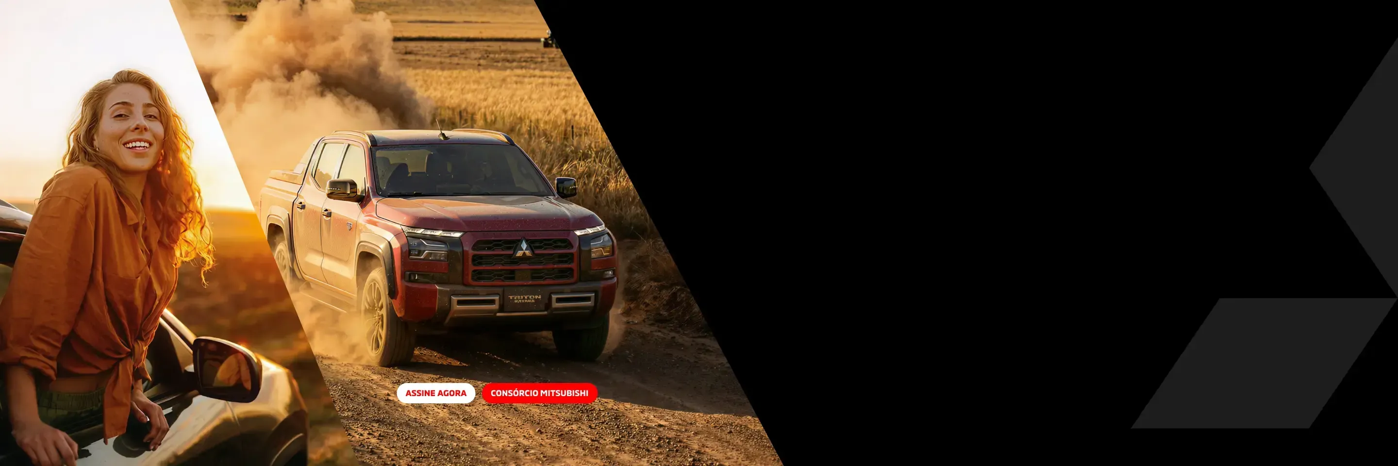 Montagem com Triton Mitsubishi na estrada e uma mulher ao por do sol
