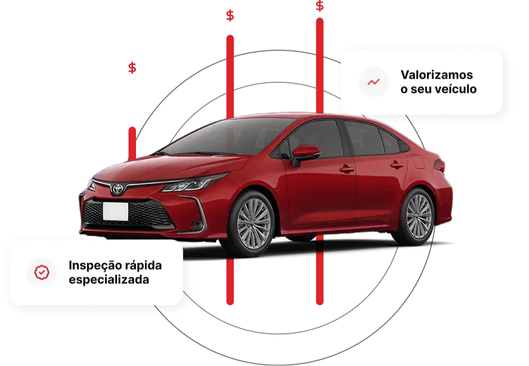 Carro azul em destaque, acompanhado de elementos gráficos que remetem a valorização e inspeção, com balões de texto dizendo “Valorizamos o seu veículo” e “Inspeção rápida especializada”.