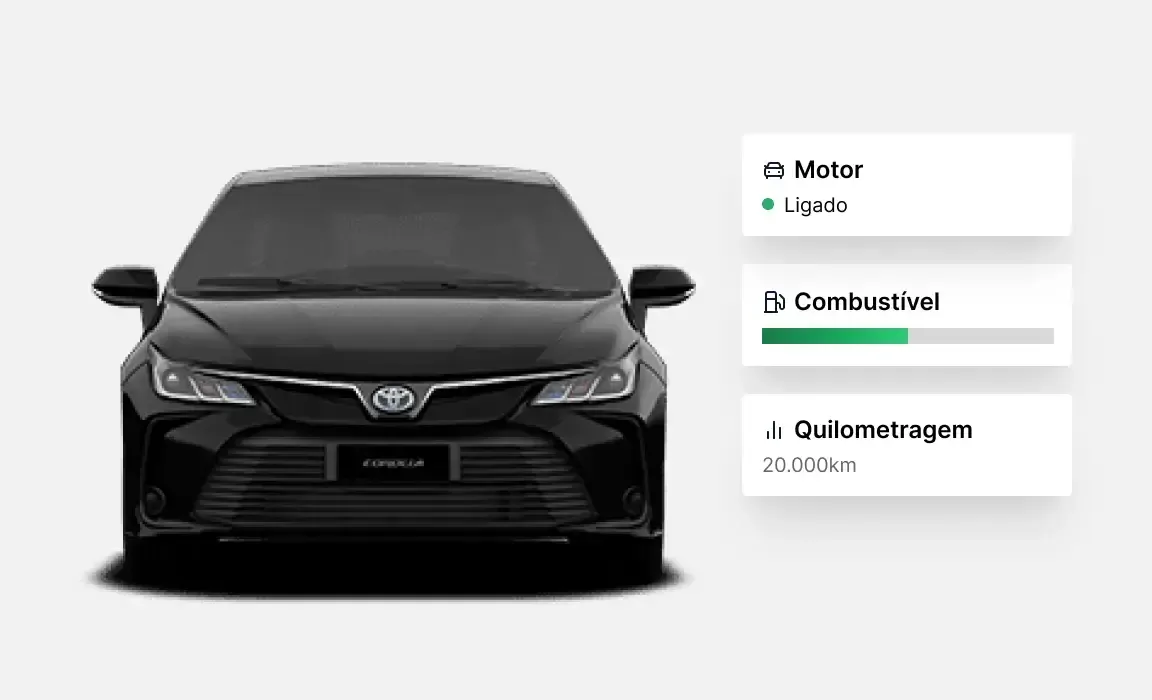 Carro preto Corolla com indicadores ao lado: motor, combustível e quilometragem.