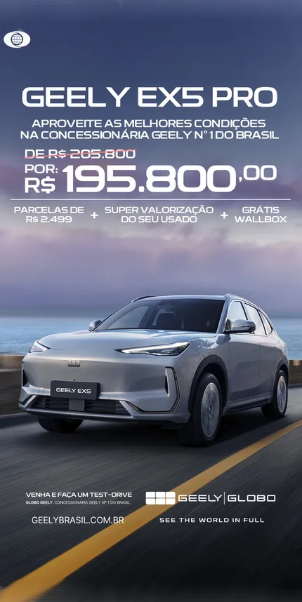 “Fachada moderna da nova unidade da concessionária Dealer Geely ao entardecer, com reflexo do pôr do sol nas amplas janelas espelhadas. Em destaque, o texto ‘Conheça nossa unidade – A Dealer Geely chegou’, acompanhado do logotipo da Geely Dealer no canto inferior direito.