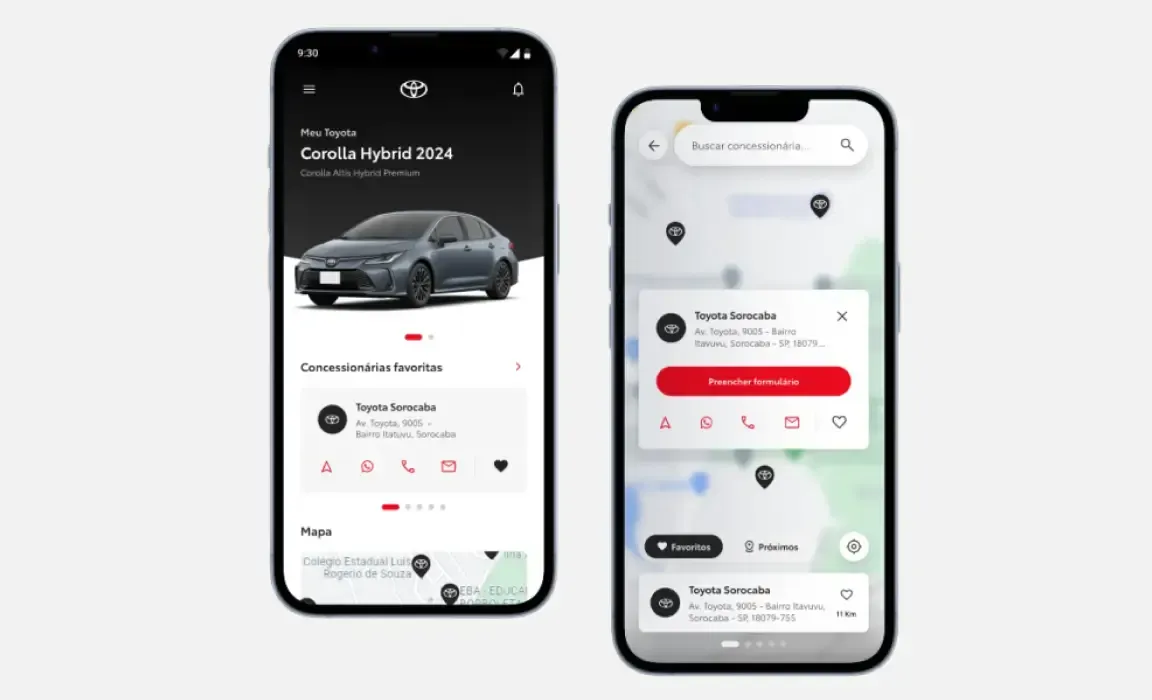 Duas telas de celular com App Toyota
