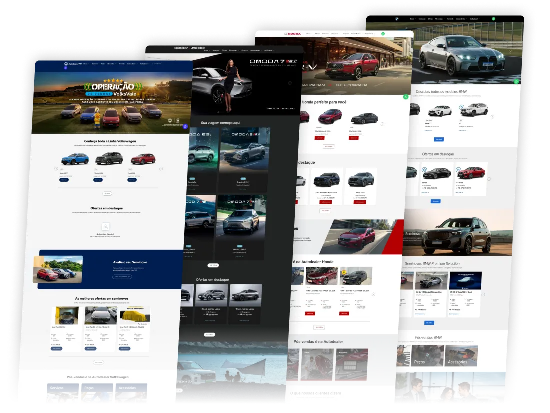 Montagem com capturas de tela de quatro templates (Volkswagen, Omoda Jaecoo, Honda Carros e BMW) lado a lado