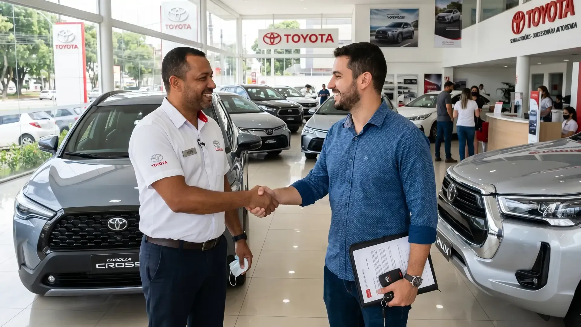 Dois homens apertando as mãos em concessionária Toyota