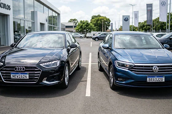 Carros novos e seminovos lado a lado, com uma pessoa pensativa