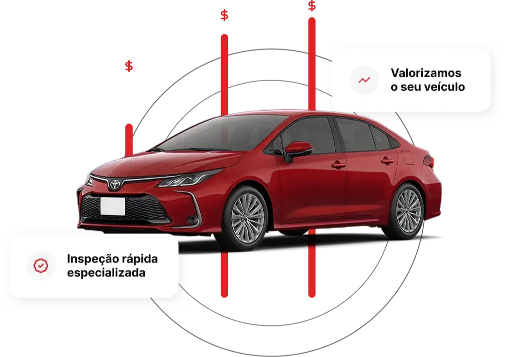 Carro azul em destaque, acompanhado de elementos gráficos que remetem a valorização e inspeção, com balões de texto dizendo “Valorizamos o seu veículo” e “Inspeção rápida especializada”.