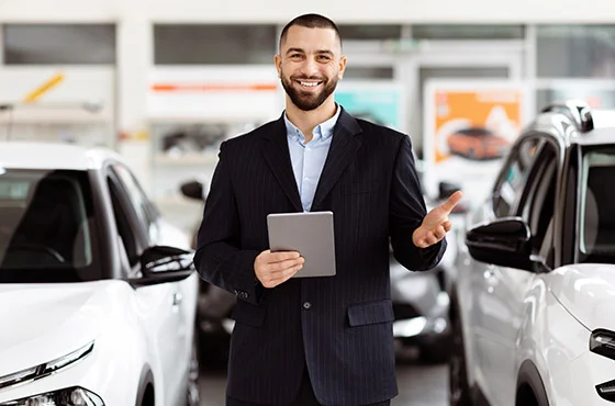 Pessoas conversando em uma concessionária de veículos, carros novos ao fundo.
