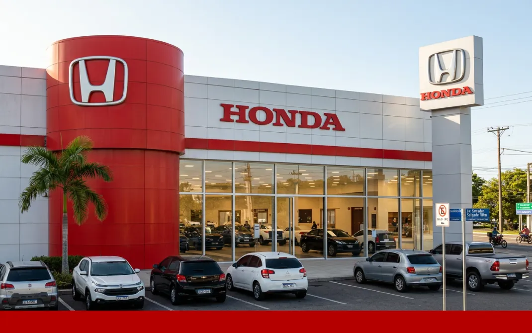 Imagem de uma mulher em cima de uma moto Honda em frente a uma concessionária