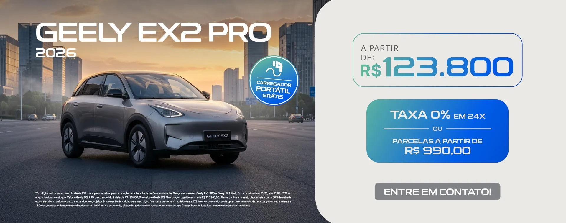 Visual promocional do lançamento exclusivo do SUV Geely EX5. O veículo prata aparece em destaque sobre uma faixa amarela iluminada, com fundo escuro. À esquerda, o texto ‘Lançamento Exclusivo Geely EX5’ e, no canto inferior direito, o logotipo da Geely Dealer.