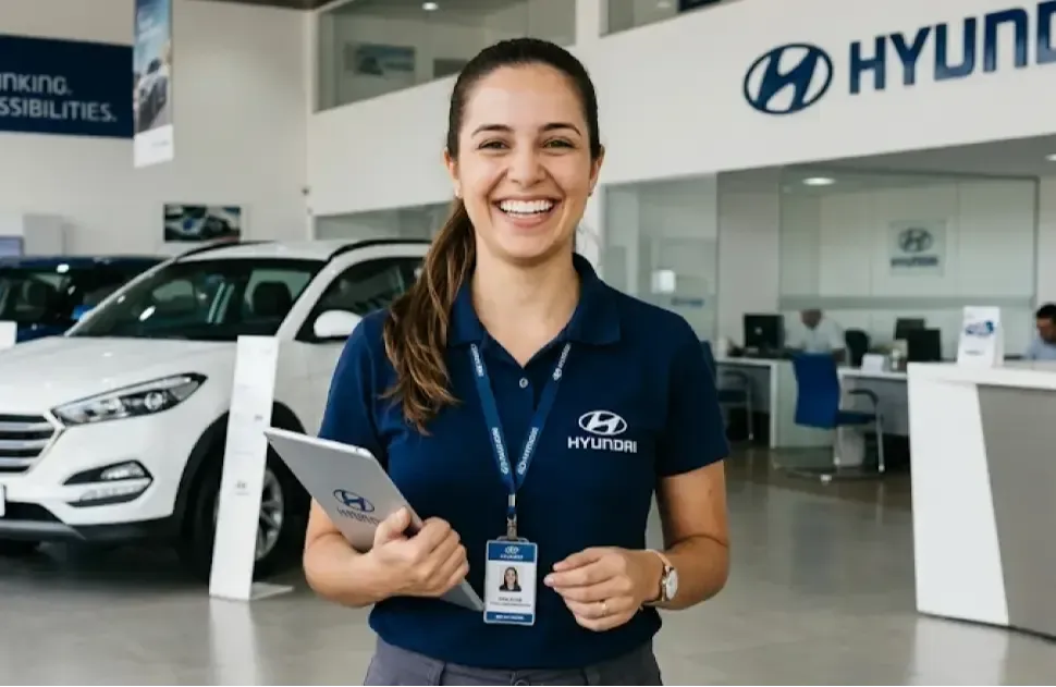 Consultora de vendas da Hyundai sorridente com uniforme azul, segurando um tablet dentro de uma concessionária moderna.