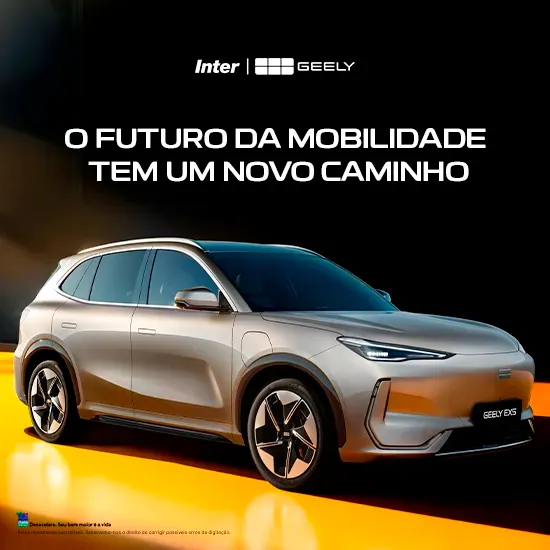 Itavema Geely: o futuro da mobilidade tem um novo caminho, com o Geely EX5 prata em fundo preto e laranja