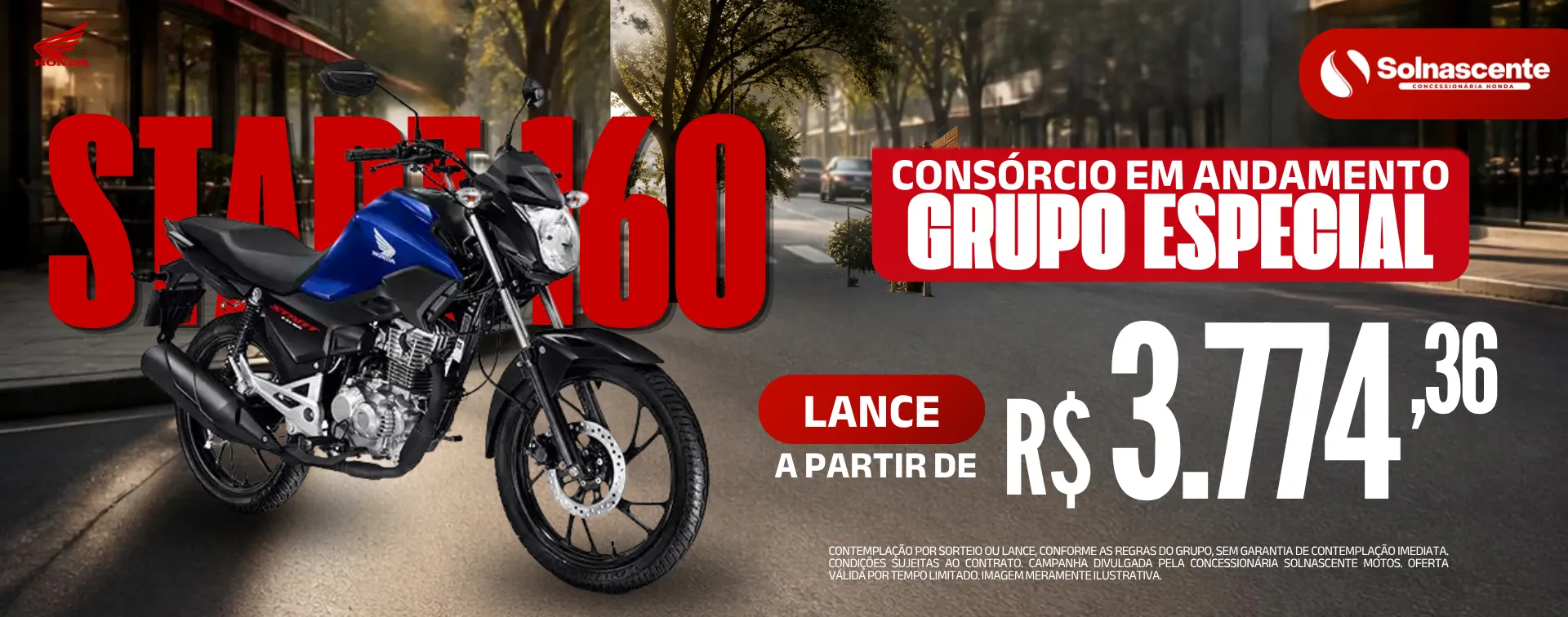 🔥 PRONTA ENTREGA, ESTOQUE LIMITADO E ENTRADA ZERO! 🏍️  Garanta já sua CG 160 Fan ou CG 160 Start com condições especiais na Sol Nascente Motos! 🚀  ⚡ Entrada zero 🏍️ Pronta entrega 🔥 Estoque limitado  Não deixe para depois! Consulte nossas condições e garanta sua moto. 🏁  📲 Chame a Sol Nascente Motos e fale com um de nossos vendedores!  Financiamento sujeito à análise e aprovação de crédito. Oferta válida por tempo limitado ou enquanto durarem os estoques. Modelos 26/26. Imagens meramente ilustrativas.