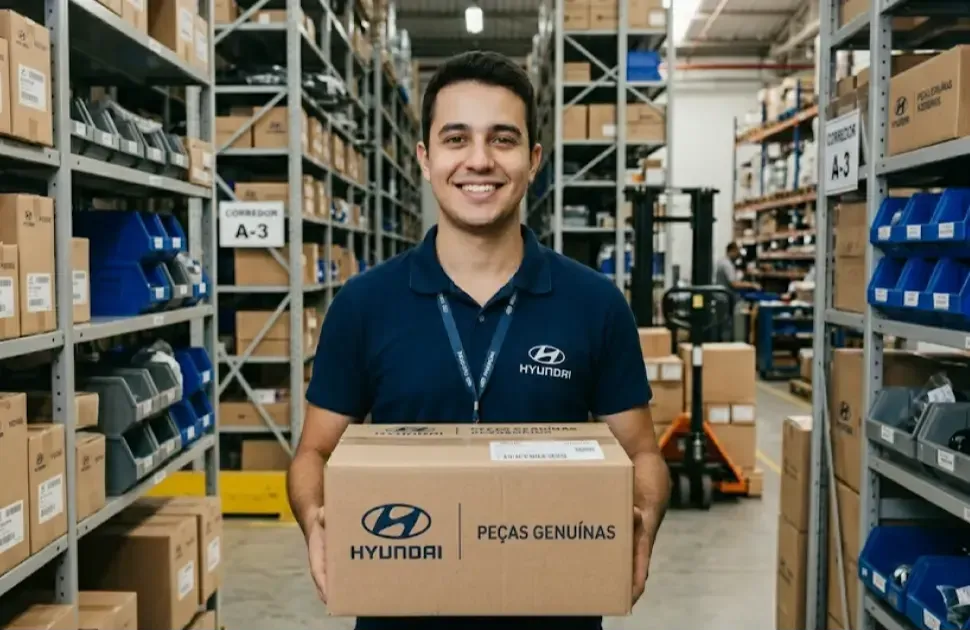 Homem em estoque cheio de caixas, segurando uma caixa com a marca Hyundai.
