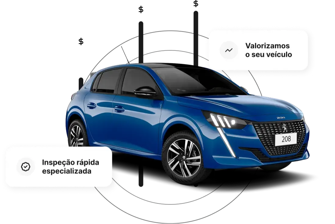 Carro azul em destaque, acompanhado de elementos gráficos que remetem a valorização e inspeção, com balões de texto dizendo “Valorizamos o seu veículo” e “Inspeção rápida especializada”.