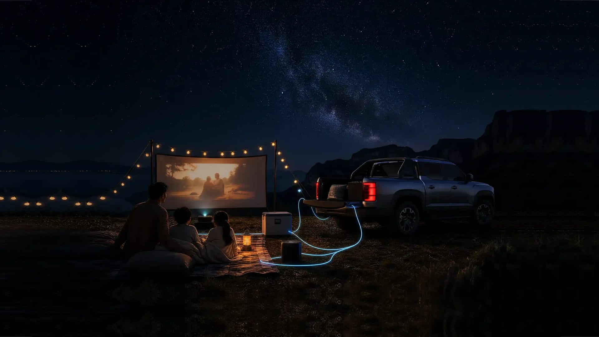 Família assiste a um filme ao ar livre à noite com energia fornecida pela BYD Shark