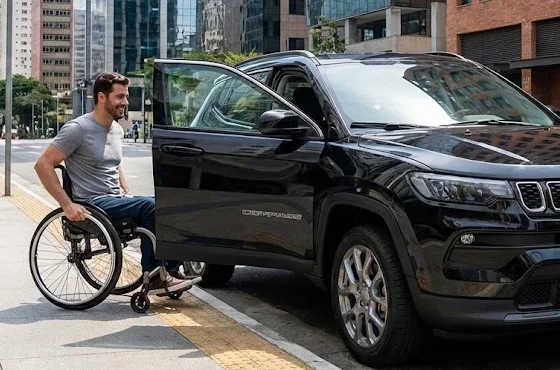 Pessoa em cadeira de rodas ao lado de um carro moderno.