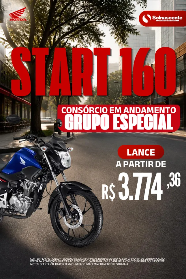 🔥 PRONTA ENTREGA, ESTOQUE LIMITADO E ENTRADA ZERO! 🏍️  Garanta já sua CG 160 Fan ou CG 160 Start com condições especiais na Sol Nascente Motos! 🚀  ⚡ Entrada zero 🏍️ Pronta entrega 🔥 Estoque limitado  Não deixe para depois! Consulte nossas condições e garanta sua moto. 🏁  📲 Chame a Sol Nascente Motos e fale com um de nossos vendedores!  Financiamento sujeito à análise e aprovação de crédito. Oferta válida por tempo limitado ou enquanto durarem os estoques. Modelos 26/26. Imagens meramente ilustrativas.