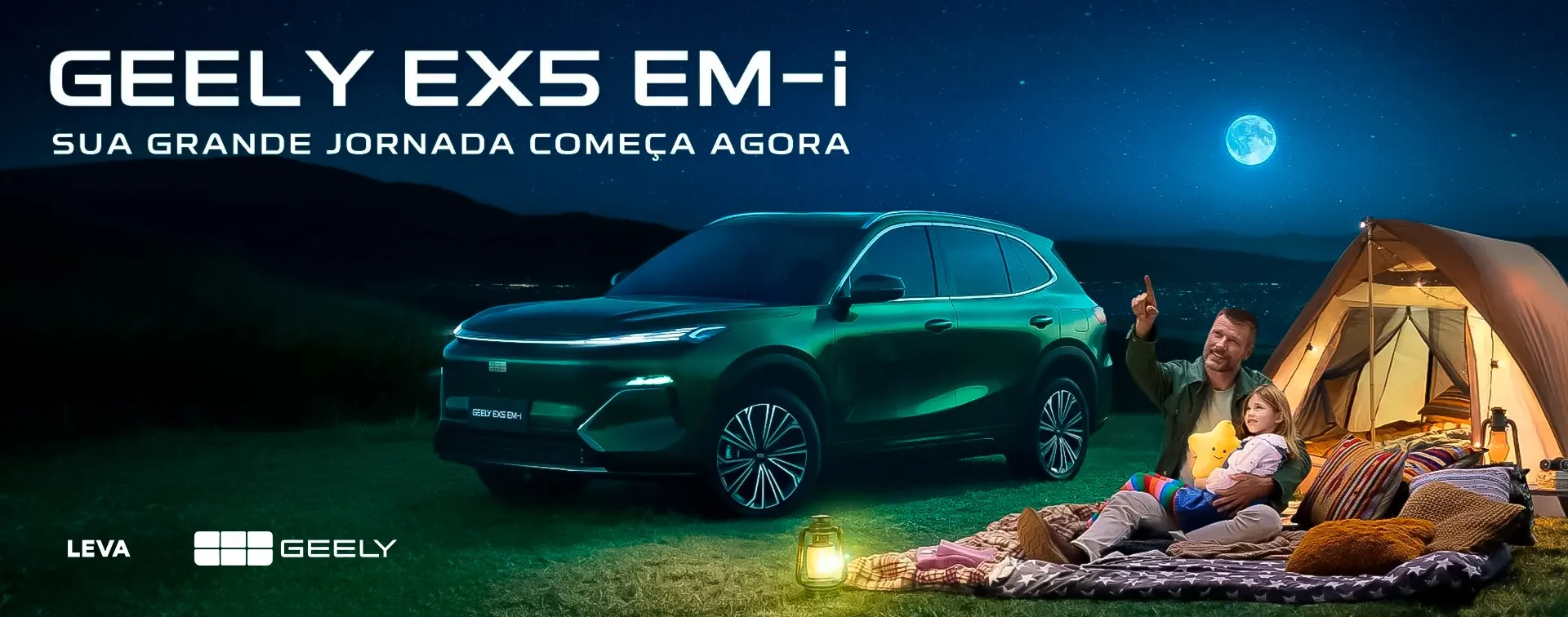 “Fachada moderna da nova unidade da concessionária Dealer Geely ao entardecer, com reflexo do pôr do sol nas amplas janelas espelhadas. Em destaque, o texto ‘Conheça nossa unidade – A Dealer Geely chegou’, acompanhado do logotipo da Geely Dealer no canto inferior direito.