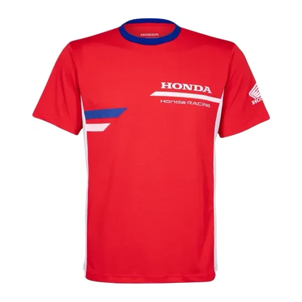Camiseta Honda Racing Fans vermelha com detalhes em azul e branco, vista de frente