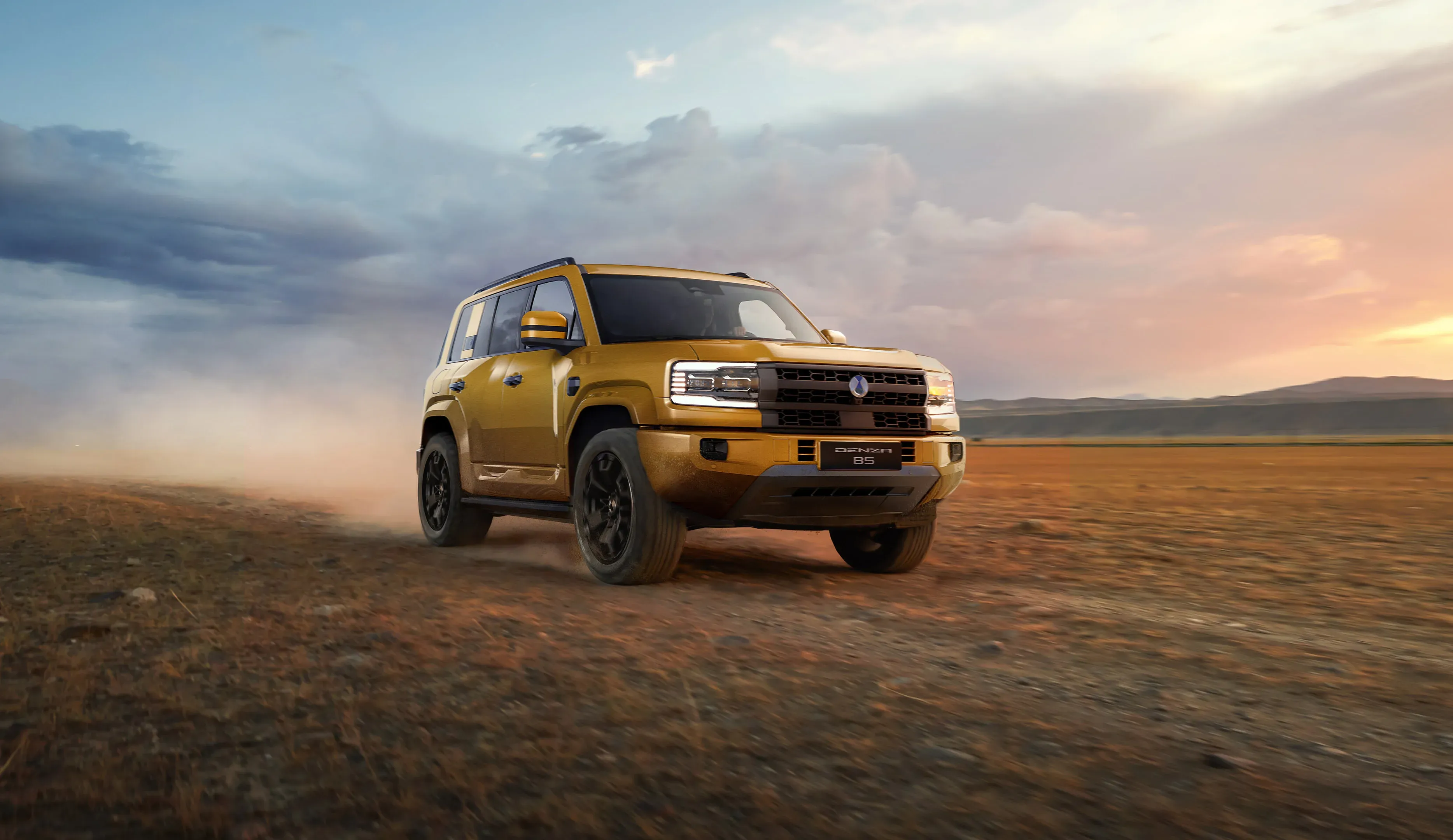 Denza B5 amarelo em terreno off-road ao pôr do sol