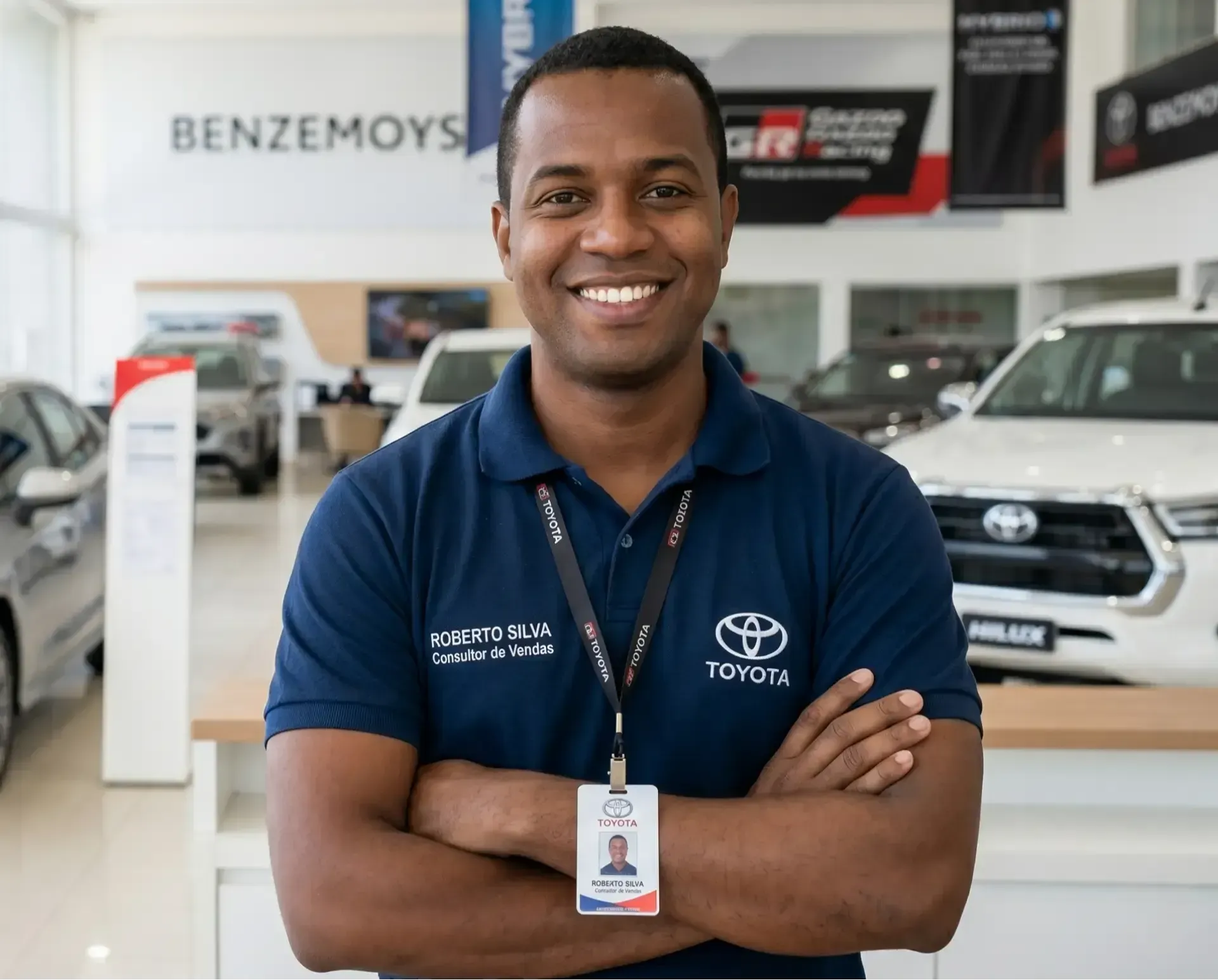 Homem sorrindo com uniforme da Toyota em concessionária