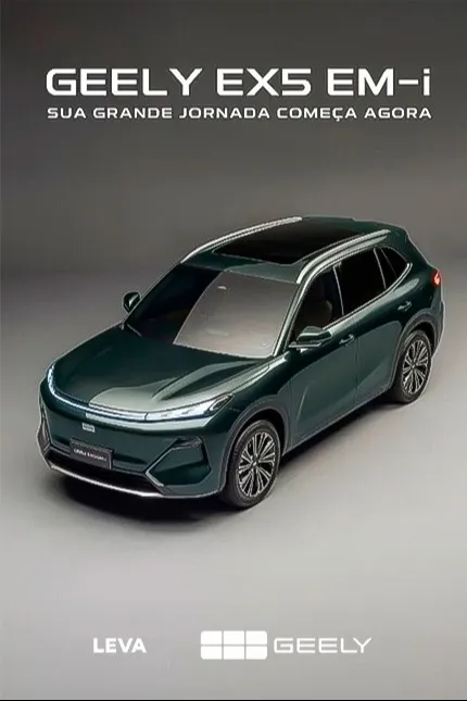 SUV elétrico Geely EX5 prata em destaque sobre faixa amarela iluminada, com fundo escuro e texto "Lançamento Exclusivo Geely EX5" ao lado.