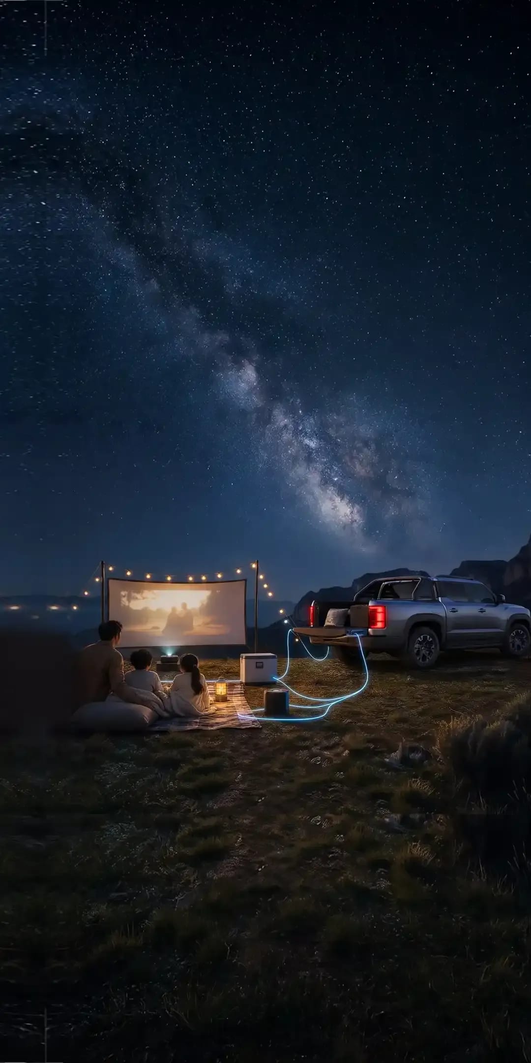 Família assiste a um filme ao ar livre à noite com energia fornecida pela BYD Shark