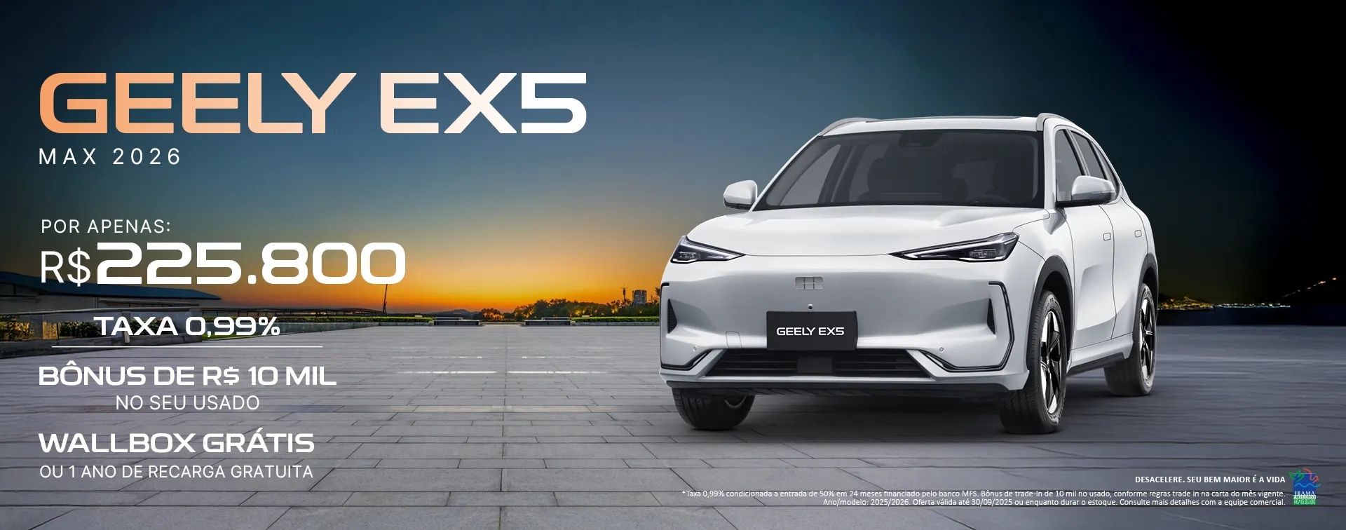 Imagem promocional de um SUV cinza Geely EX5 em fundo claro com destaque para uma oferta exclusiva. Ao lado esquerdo, uma tarja preta com os dizeres: ‘Oferta Exclusiva EX5 – R$ 290.000,00’. No canto direito, o logotipo da Geely Dealer.