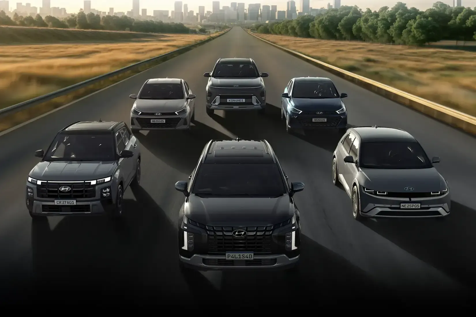 Seis carros Hyundai alinhados em uma estrada
