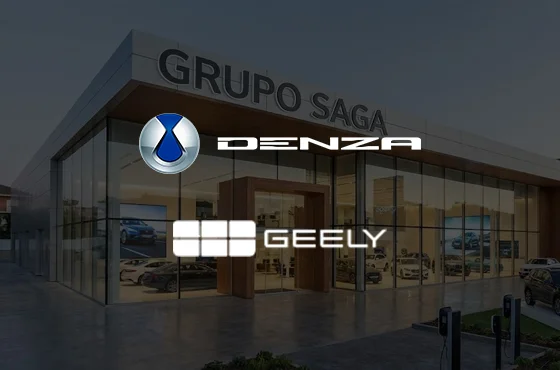 Logotipos Geely e Denza com fundo de veículos modernos