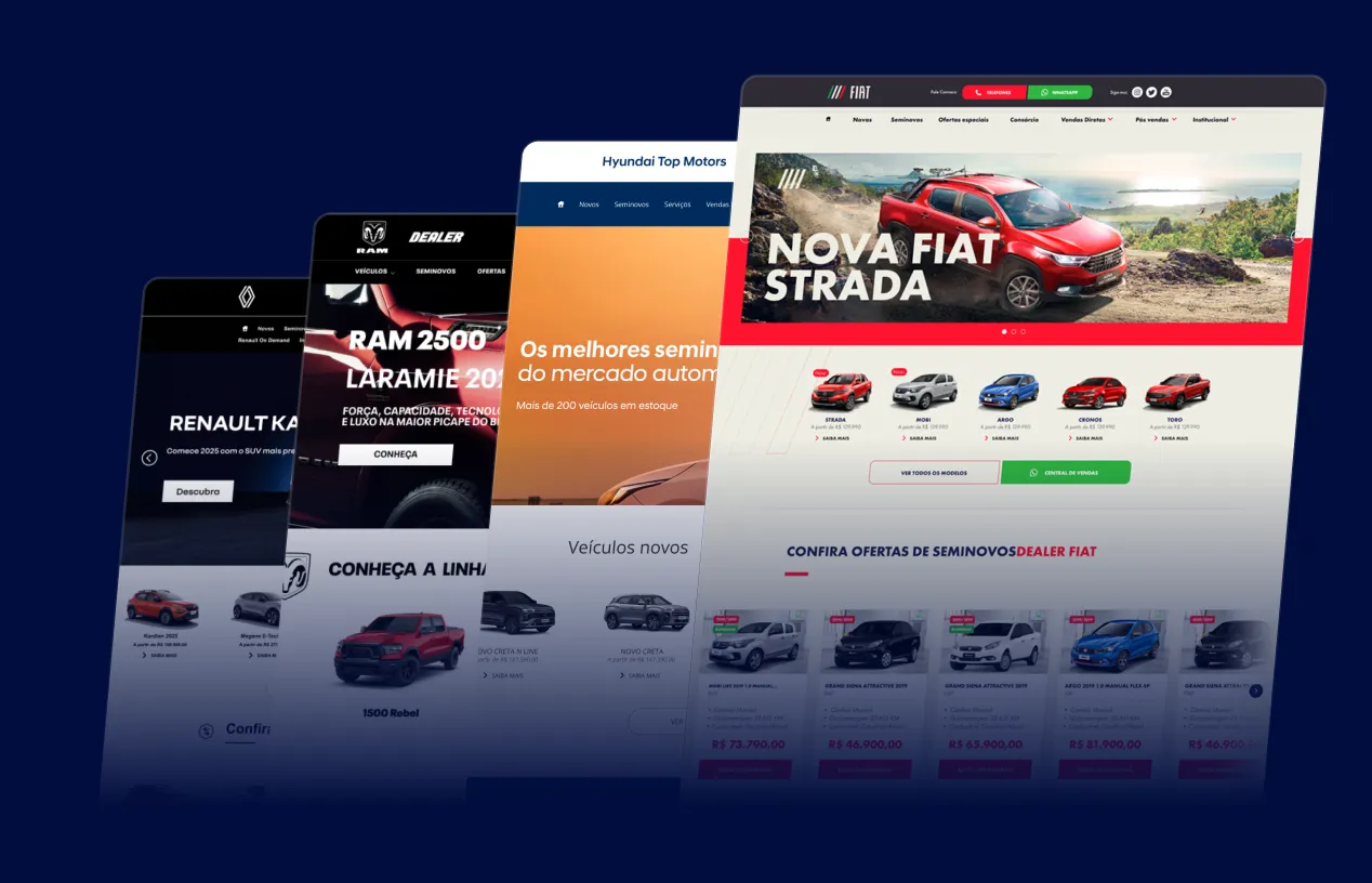 Mockup de múltiplos sites automotivos exibidos em perspectiva tridimensional, incluindo páginas de marcas como Renault, RAM, Hyundai e Fiat. O destaque principal é o site da Fiat com banner da Nova Fiat Strada e ofertas de seminovos abaixo. A composição visual reforça a modernização digital e a variedade de interfaces voltadas para o setor automotivo.