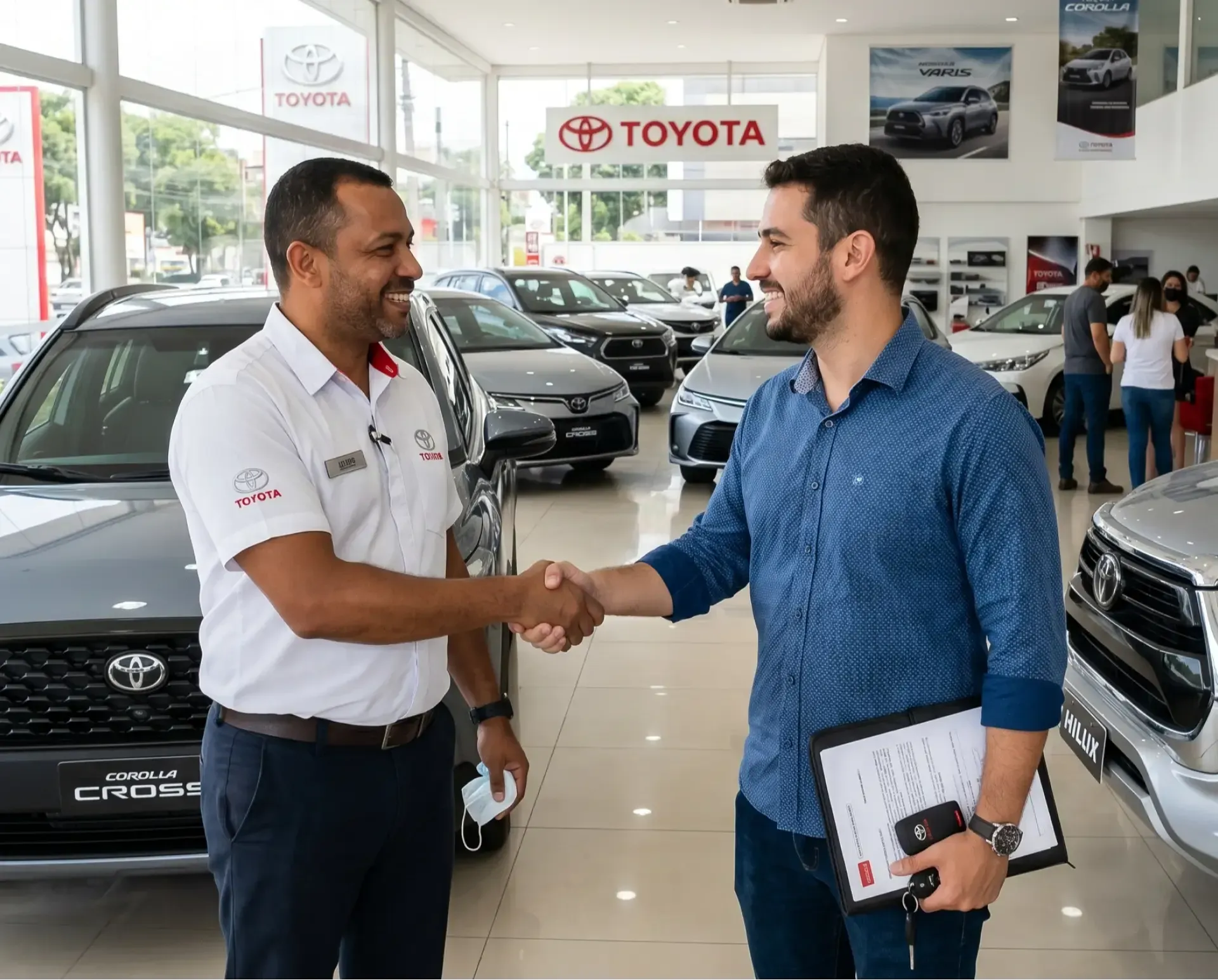 Dois homens apertando as mãos em concessionária Toyota