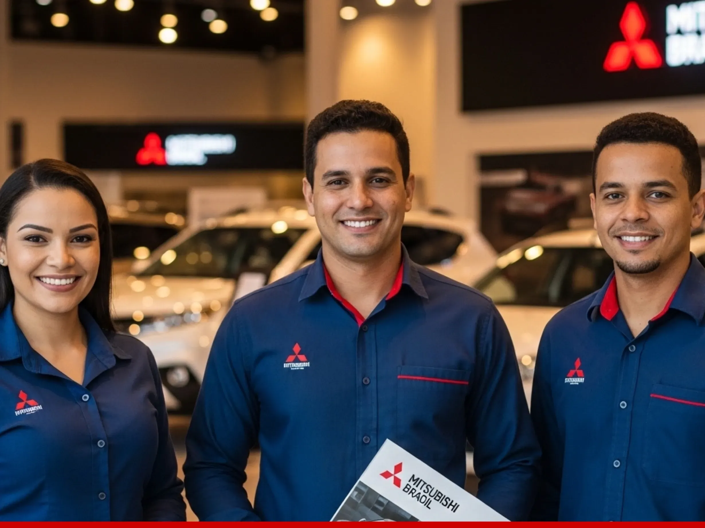Mulher com uniforme da Mitsubishi em concessionária